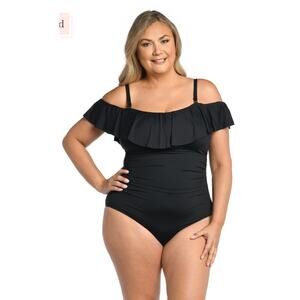 La Blanca Island Goddess Black Off Shoulder Ruffle One Piece 18W NWT